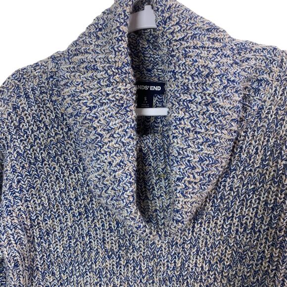 Lands’ End Size S Cotton Wool Cowl Neck Sweater Blue White Chunky Knit Cozy - Picture 1 of 10